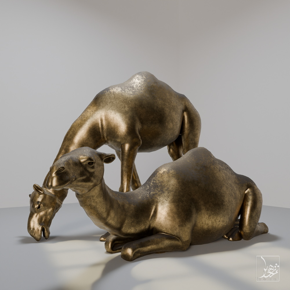 bronze Arabian camel sculpture by artist Khalid Shahin