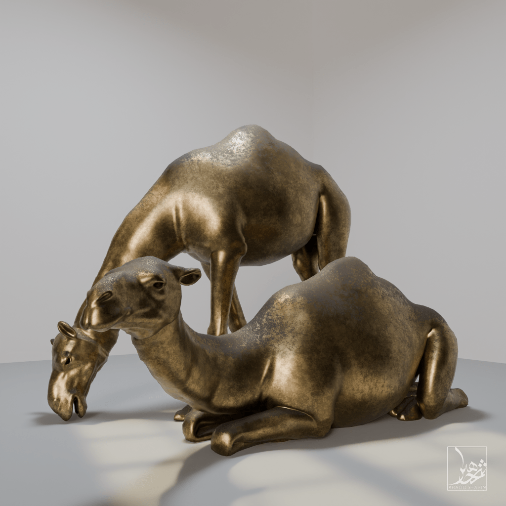 bronze Arabian camel sculpture by artist Khalid Shahin