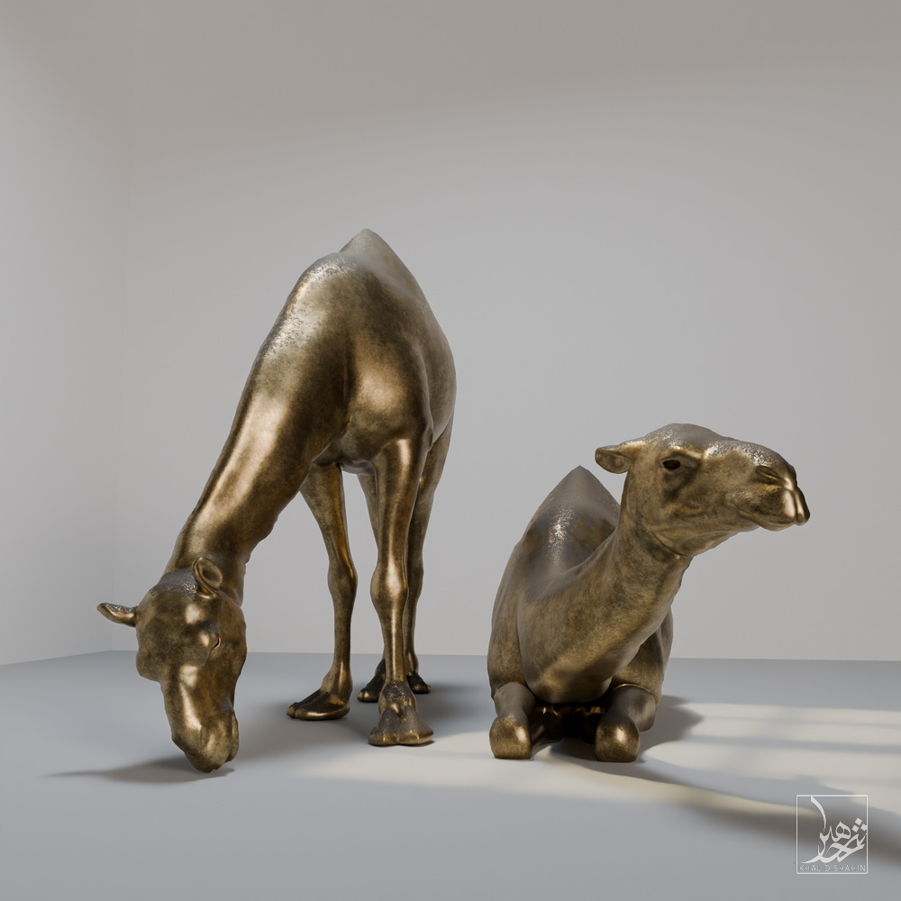 bronze Arabian camel sculpture by artist Khalid Shahin